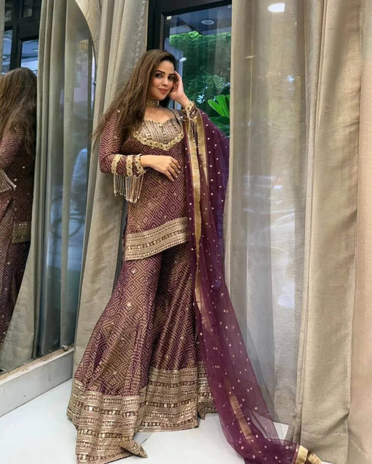 Maroon Sharara Suit Set Party Wear