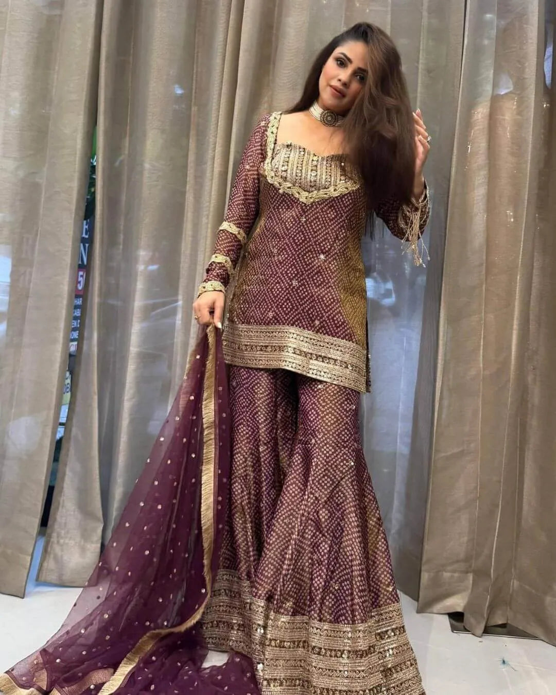 Maroon Sharara Suit Set Party Wear