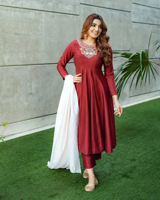 Maroon Silk Anarkali Suit Set with Dupatta