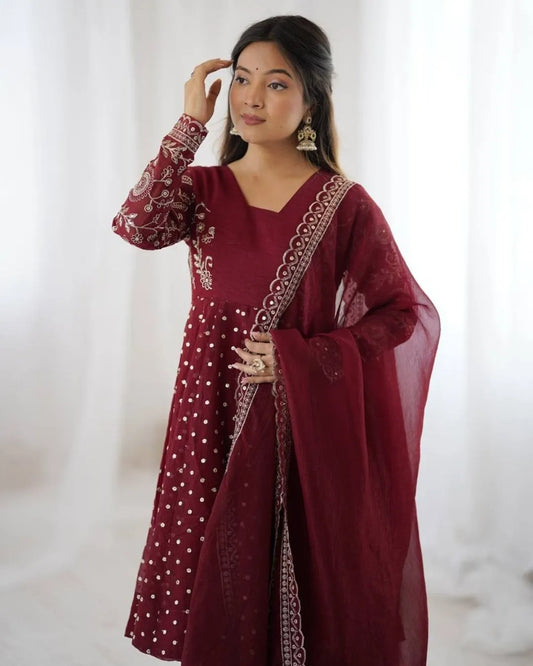Maroon Sharara Suit Set With Dupatta Front look