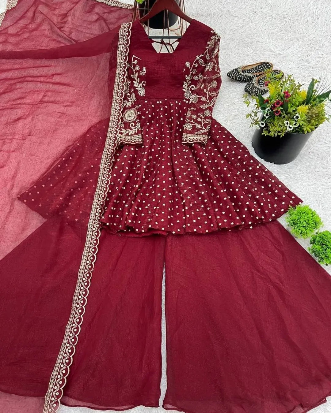 Maroon traditional outfit with embroidered top and matching dupatta 