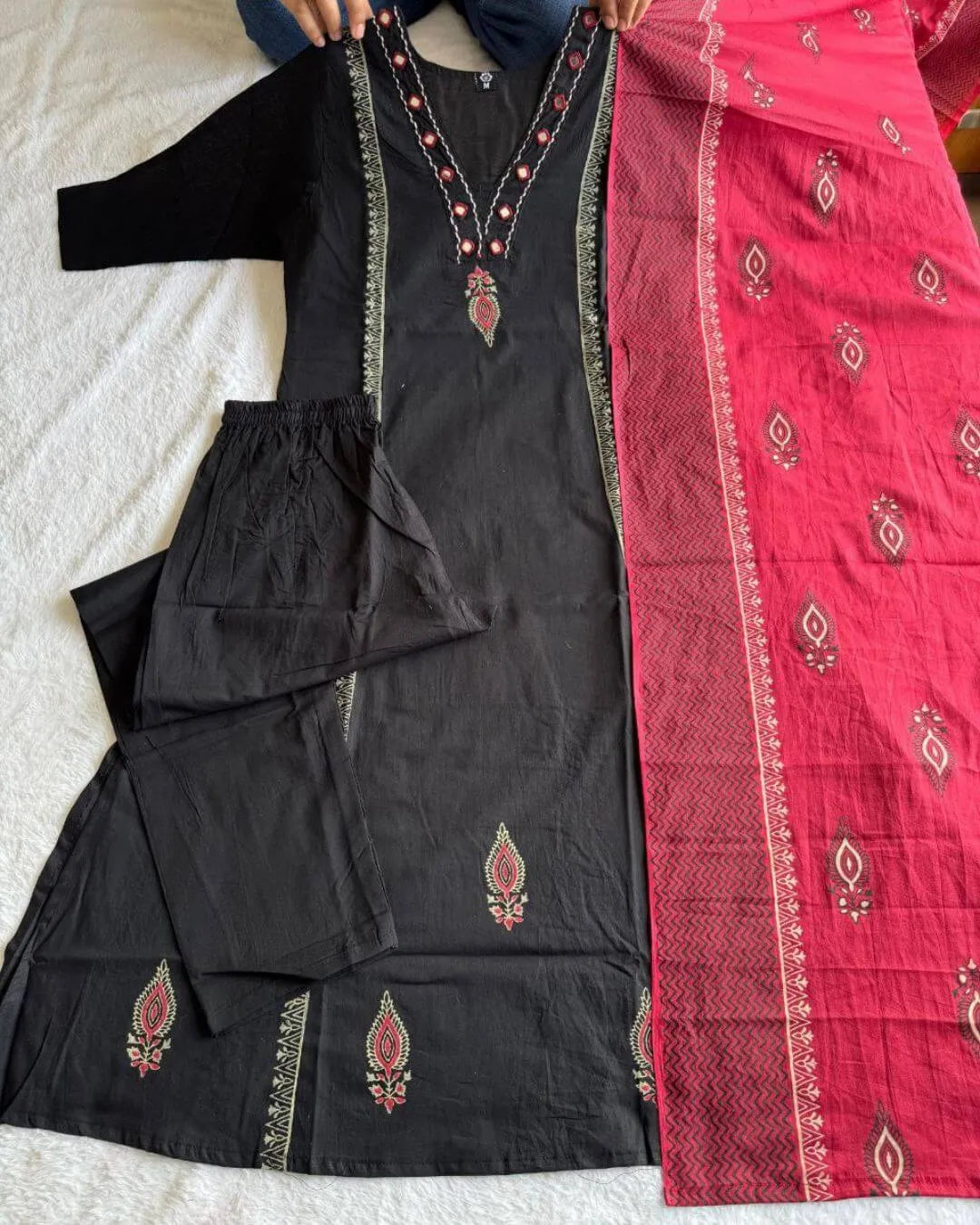 Mirror Work Black Cotton Kurti Pant Dupatta Set