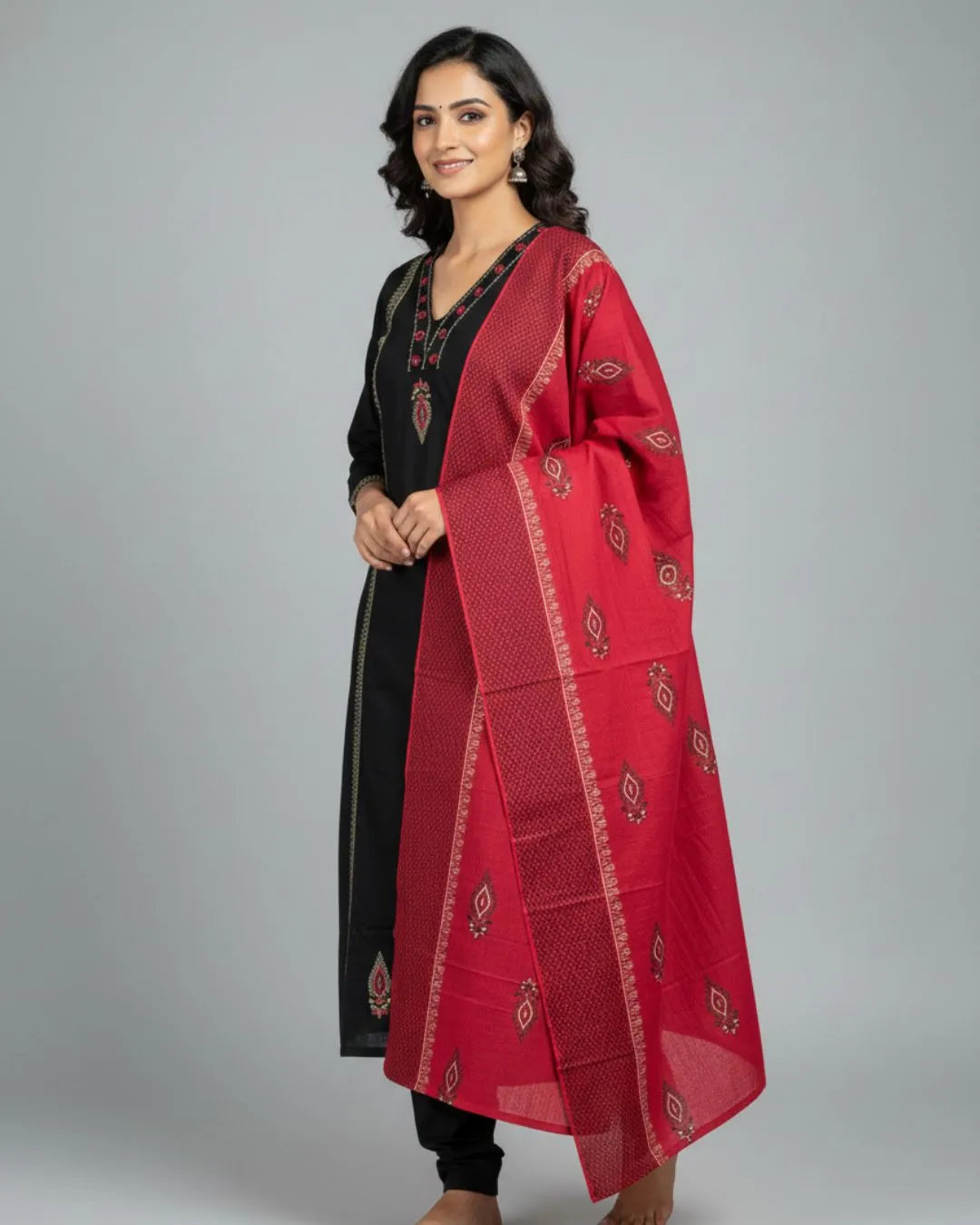 Mirror Work Black Cotton Kurti Pant Dupatta Set