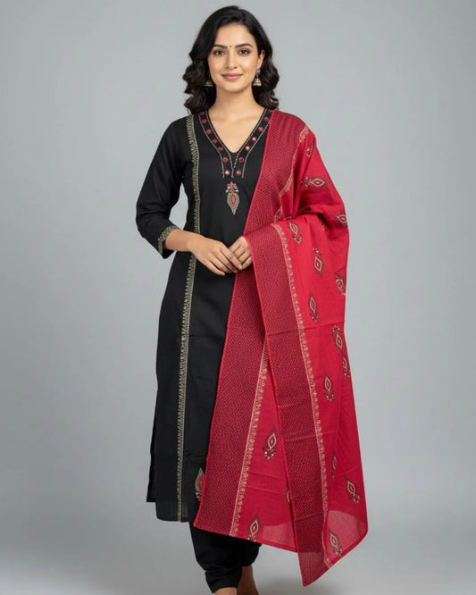 Mirror Work Black Cotton Kurti Pant Dupatta Set