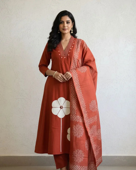 Mirror Work Orange Cotton Kurta Pant Dupatta Set