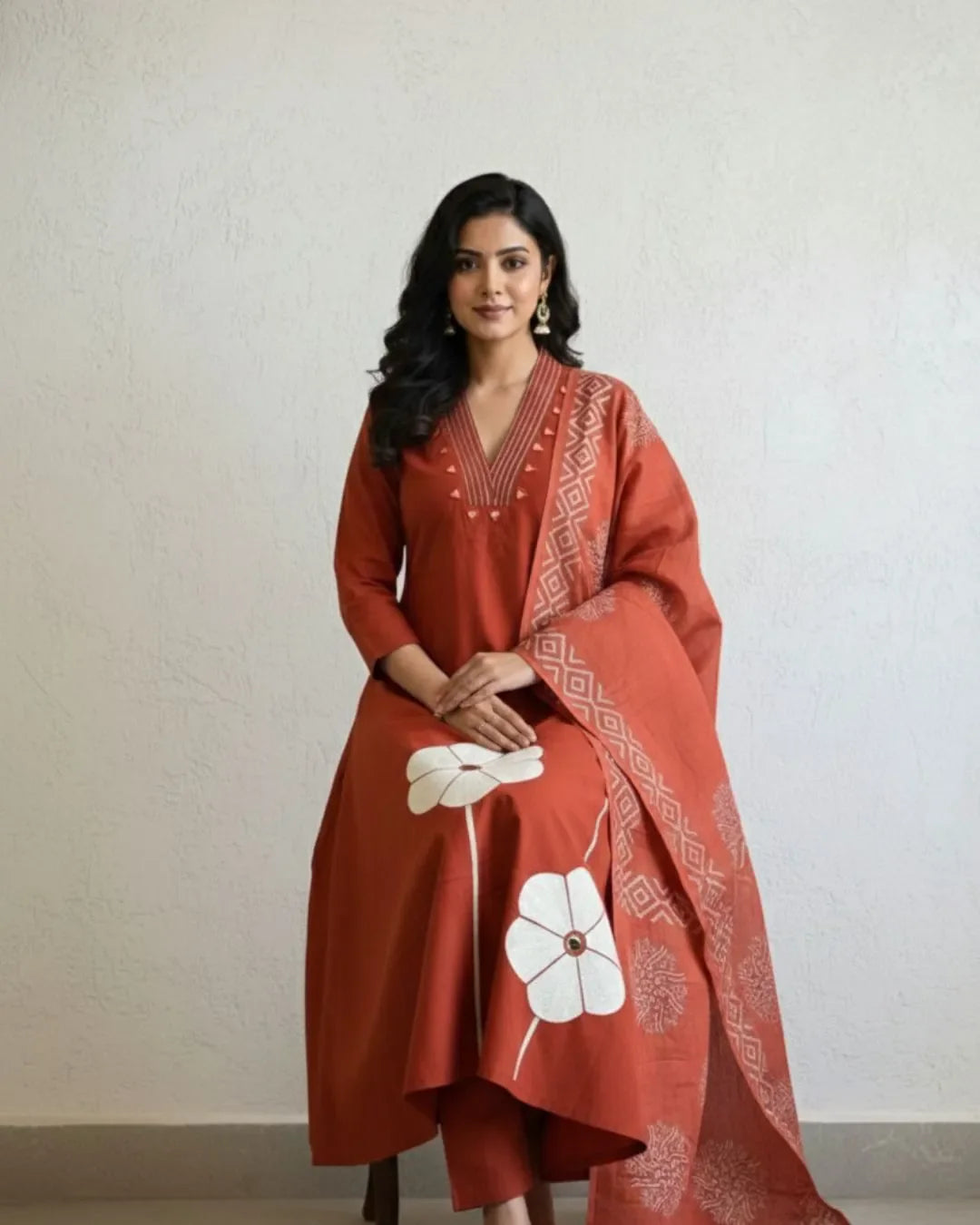Mirror Work Orange Cotton Kurta Pant Dupatta Set
