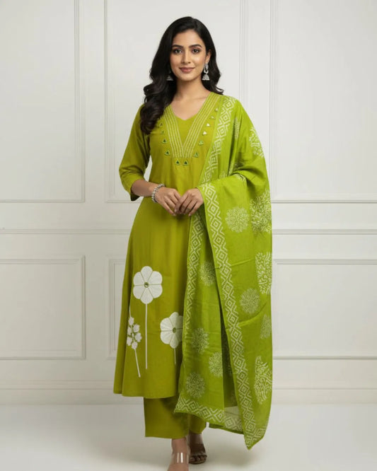 Mirror Work Parrot Green Cotton Kurta Pant Dupatta Set