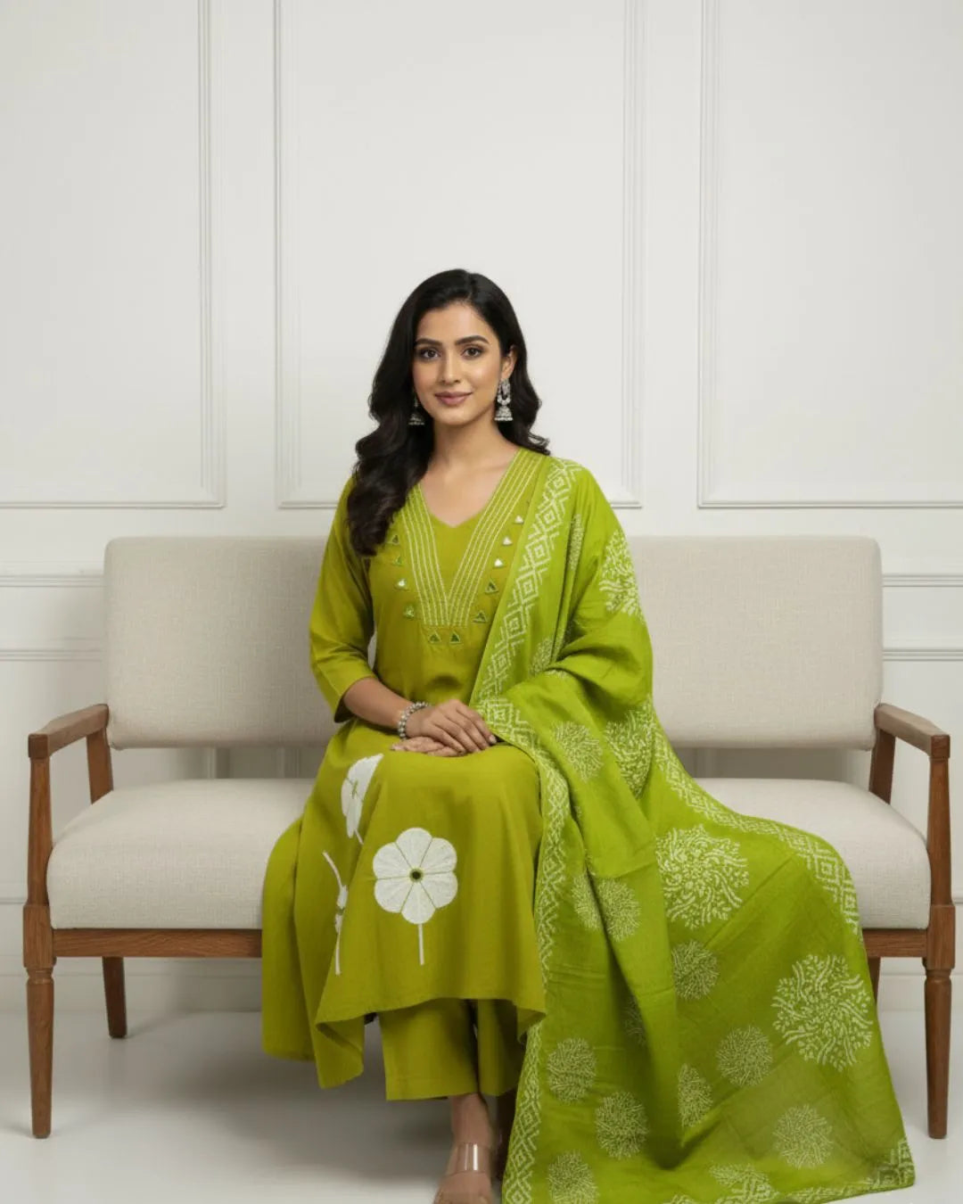 Mirror Work Parrot Green Cotton Kurta Pant Dupatta Set