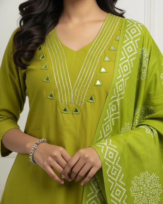 Mirror Work Parrot Green Cotton Kurta Pant Dupatta Set