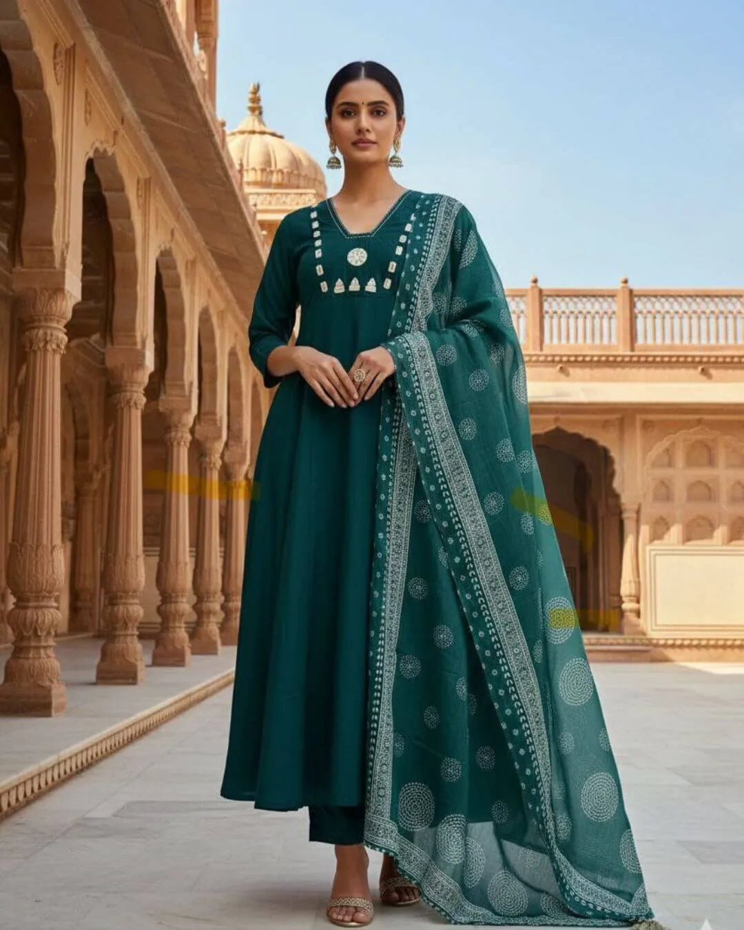 Pure Cotton Embroidery Kurti Pant Dupatta Set