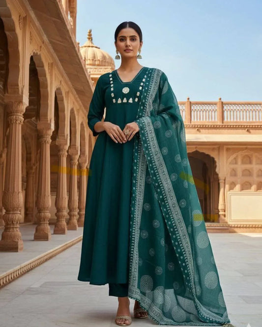 Pure Cotton Embroidery Kurti Pant Dupatta Set