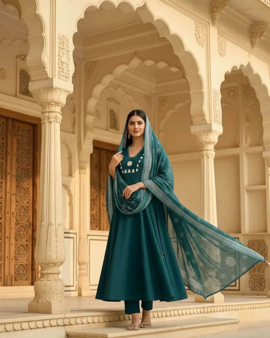 Pure Cotton Embroidery Kurti Pant Dupatta Set