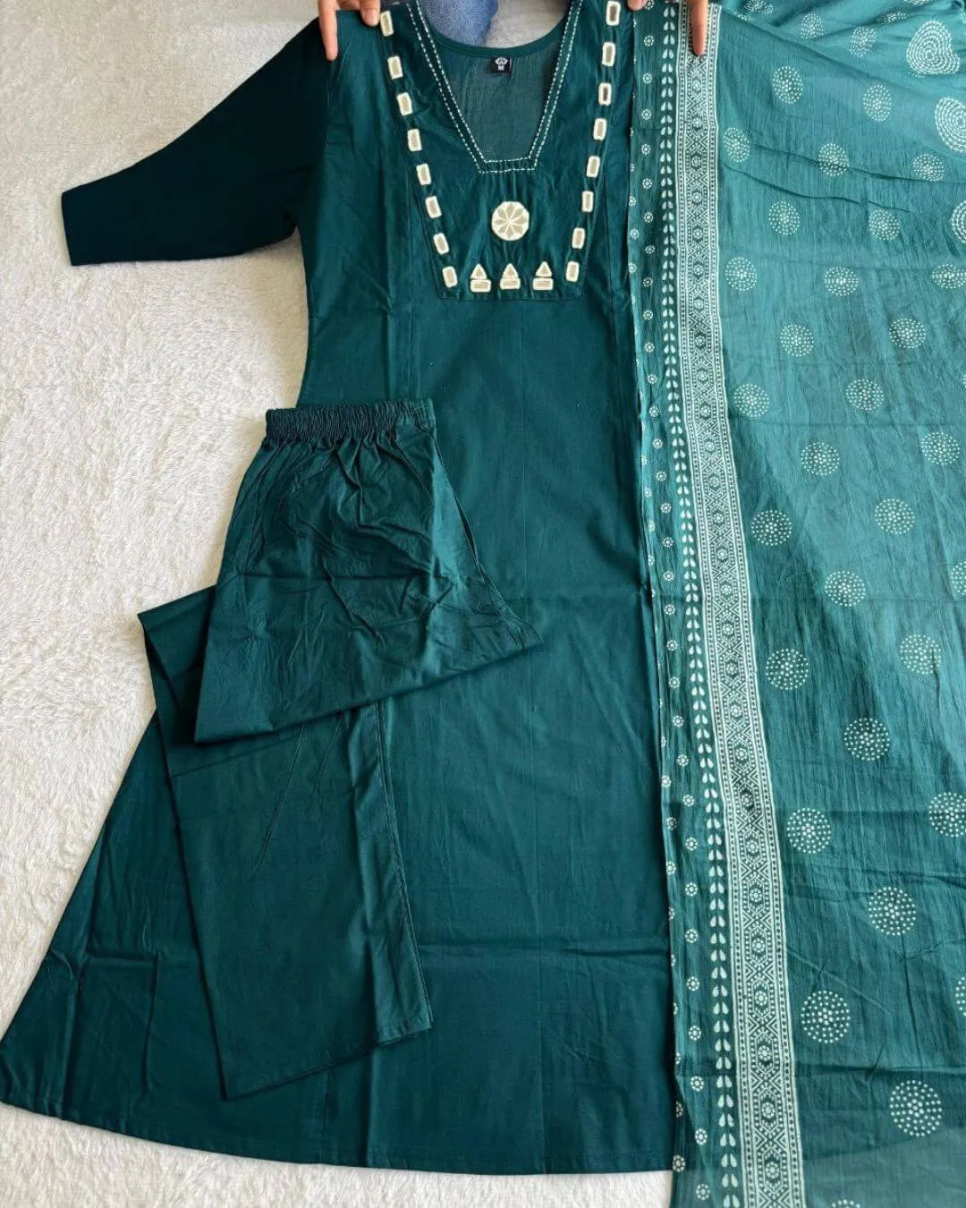 Pure Cotton Embroidery Kurti Pant Dupatta Set