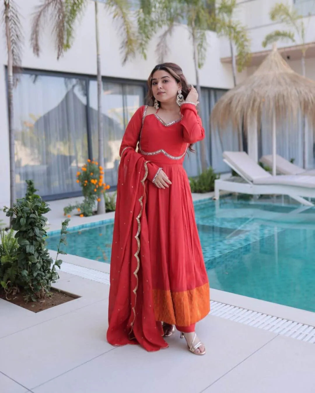 Red Mirror Work Flared Anarkali Suit Set​
