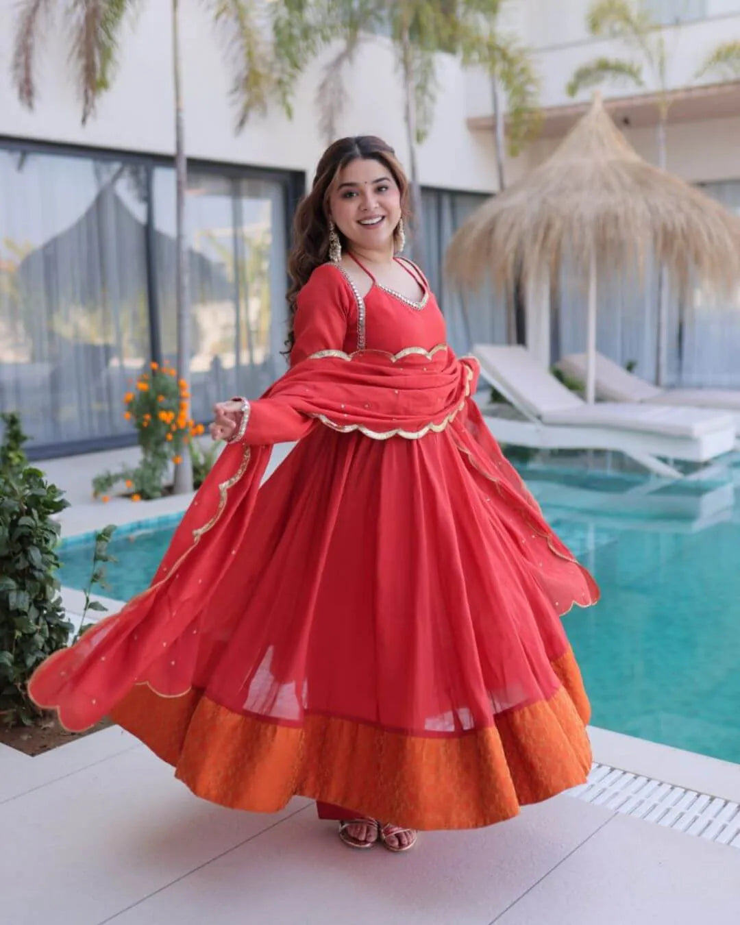 Red Mirror Work Flared Anarkali Suit Set​