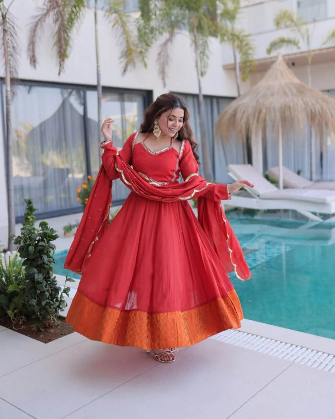 Red Mirror Work Flared Anarkali Suit Set​