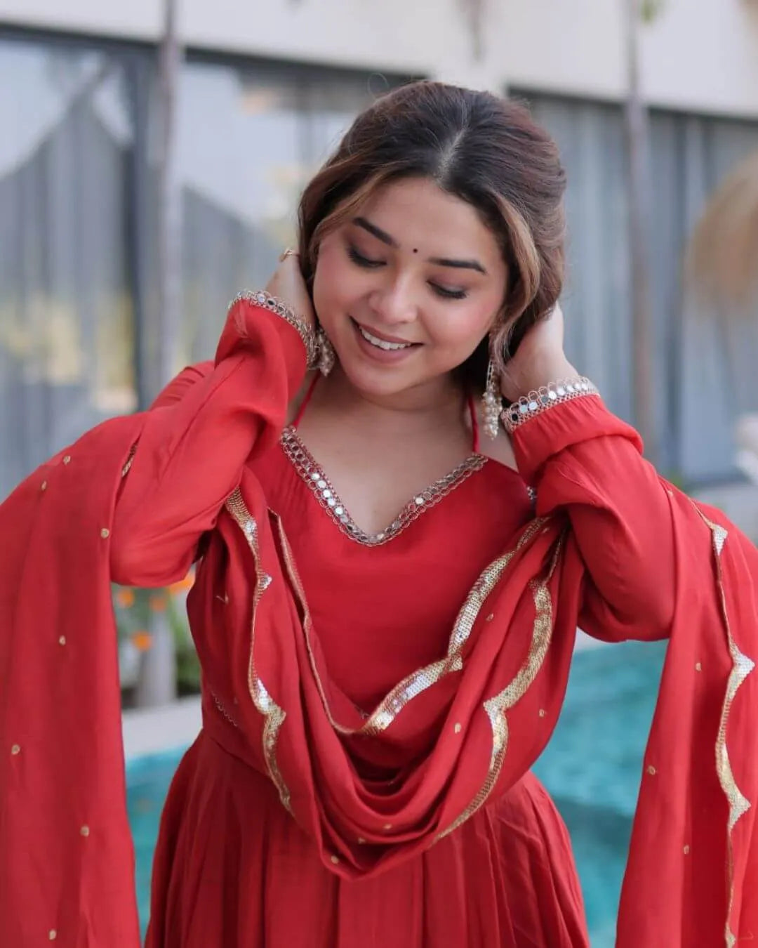 Red Mirror Work Flared Anarkali Suit Set​