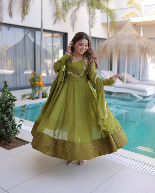 Mehendi Green Mirror Work Flared Anarkali Suit Set​