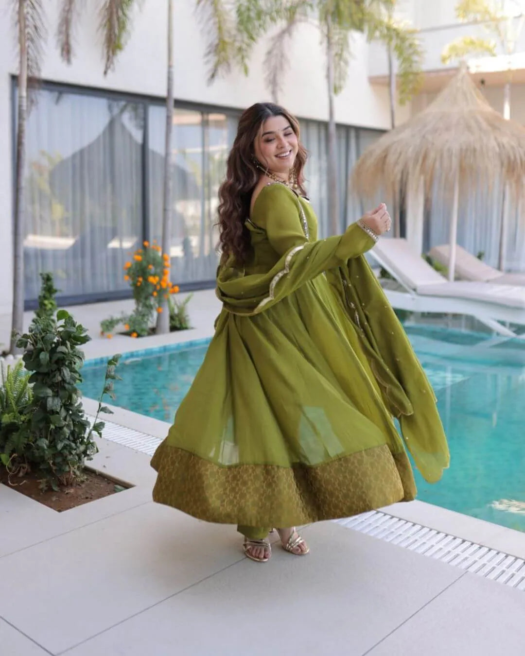 Mehendi Green Mirror Work Flared Anarkali Suit Set​