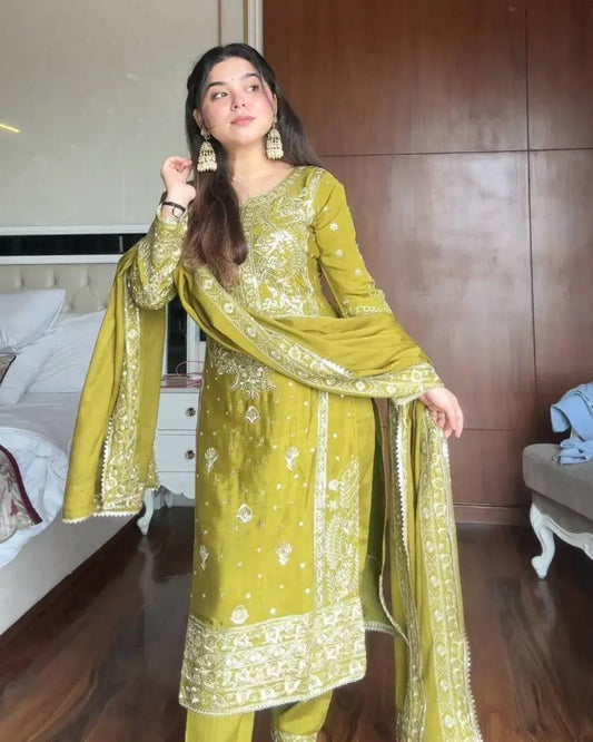 Mustard Chinon Embroidered Kurti Pant Set with Dupatta