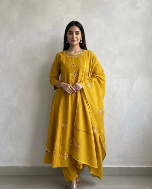 Mustard Yellow Cotton Kurta Pant Dupatta Set