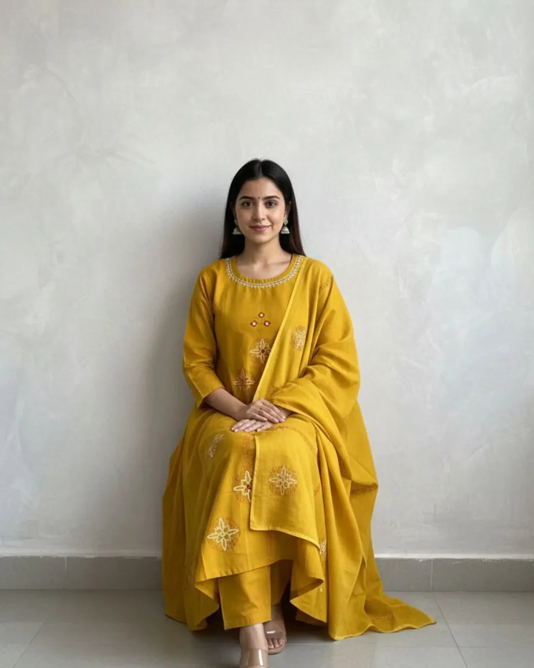 Mustard Yellow Cotton Kurta Pant Dupatta Set