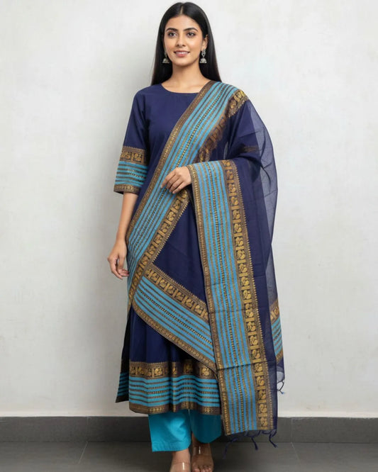 Navy Blue Colour Cotton Kurti Pant Dupatta Set