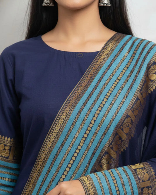 Navy Blue Colour Cotton Kurti Pant Dupatta Set