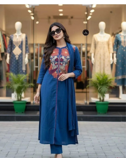 Blue Embroidered Cotton Suit Set