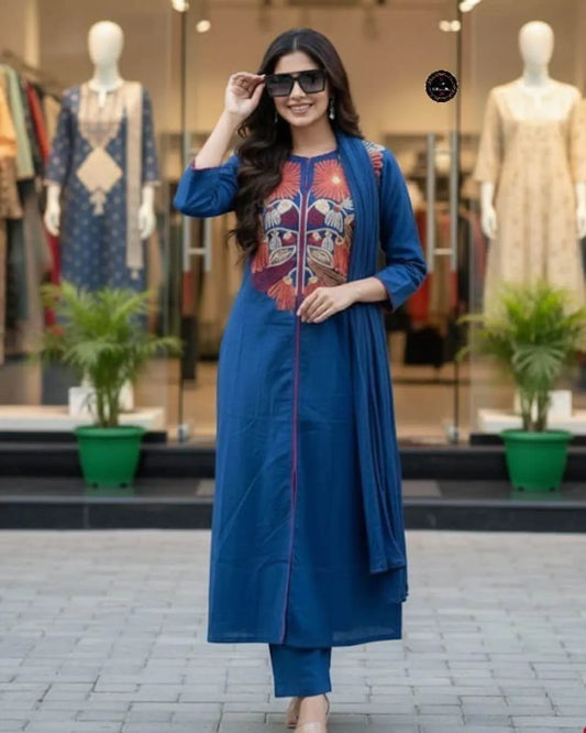 Blue Embroidered Cotton Suit Set
