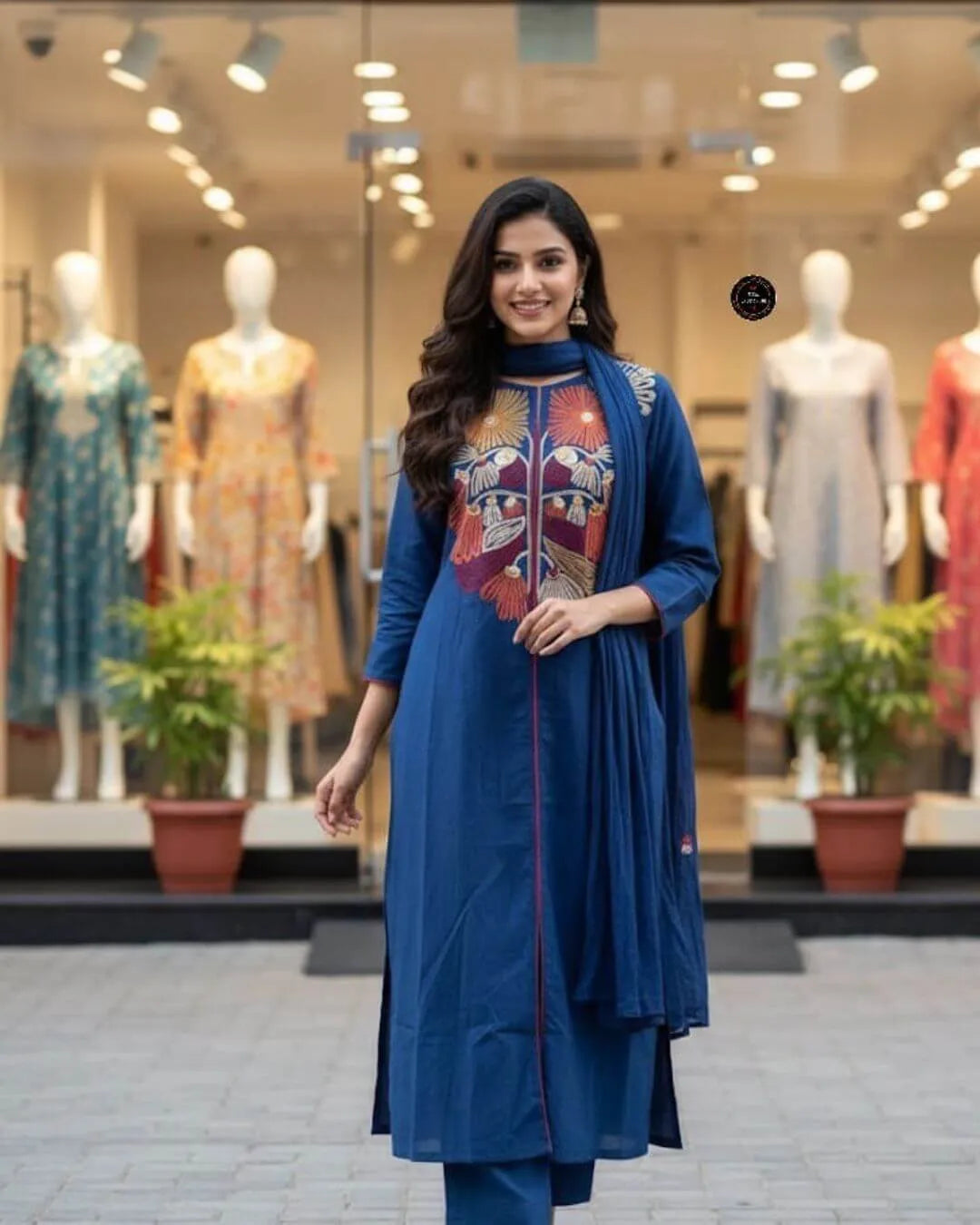 Blue Embroidered Cotton Suit Set