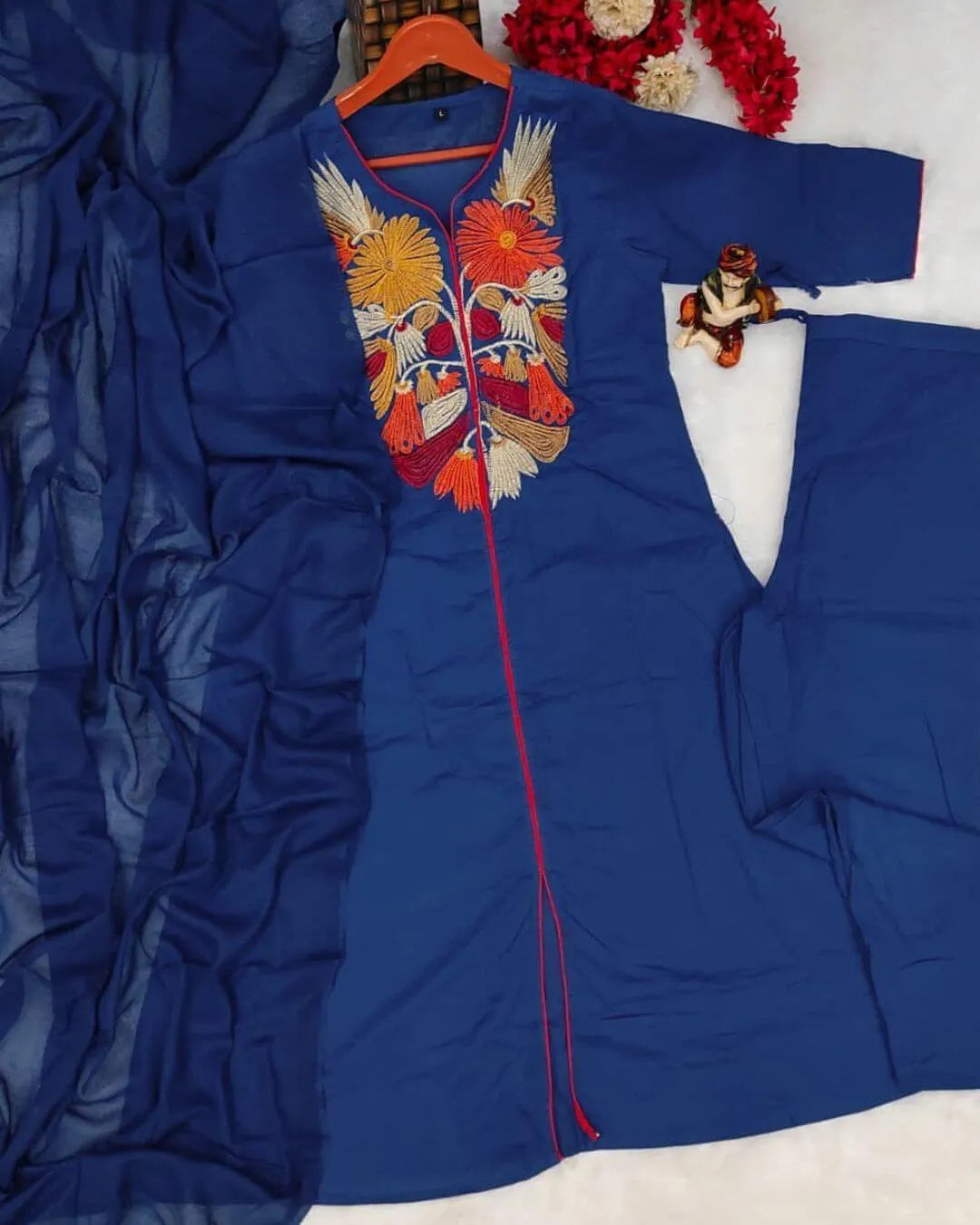 Blue Embroidered Cotton Suit Set