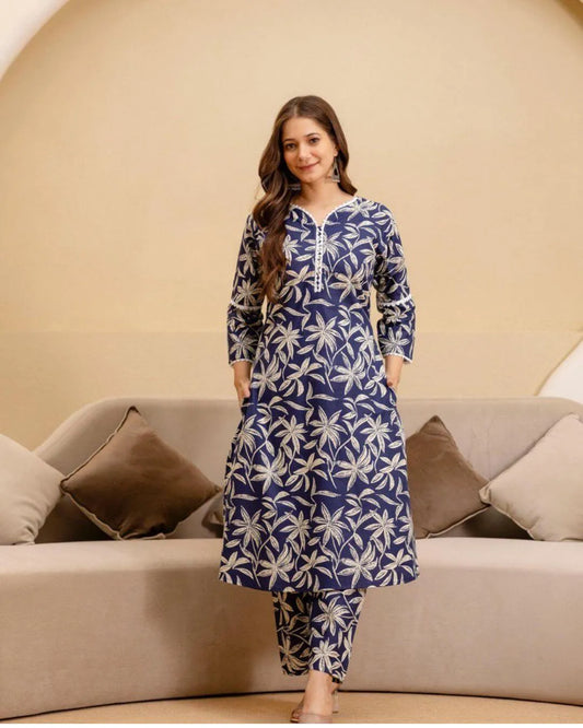 Navy Blue Floral Cotton Co-ord Set
