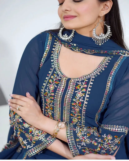 Georgette Suit With Dupatta In Navy Blue Front
