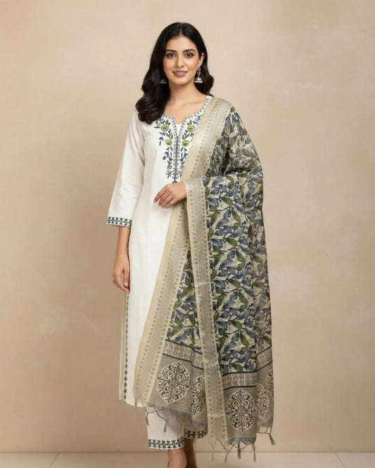 Off-White Khadi Cotton Kurti Pant Dupatta Set