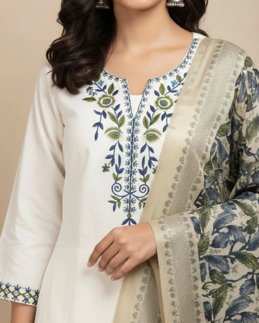 Off-White Khadi Cotton Kurti Pant Dupatta Set