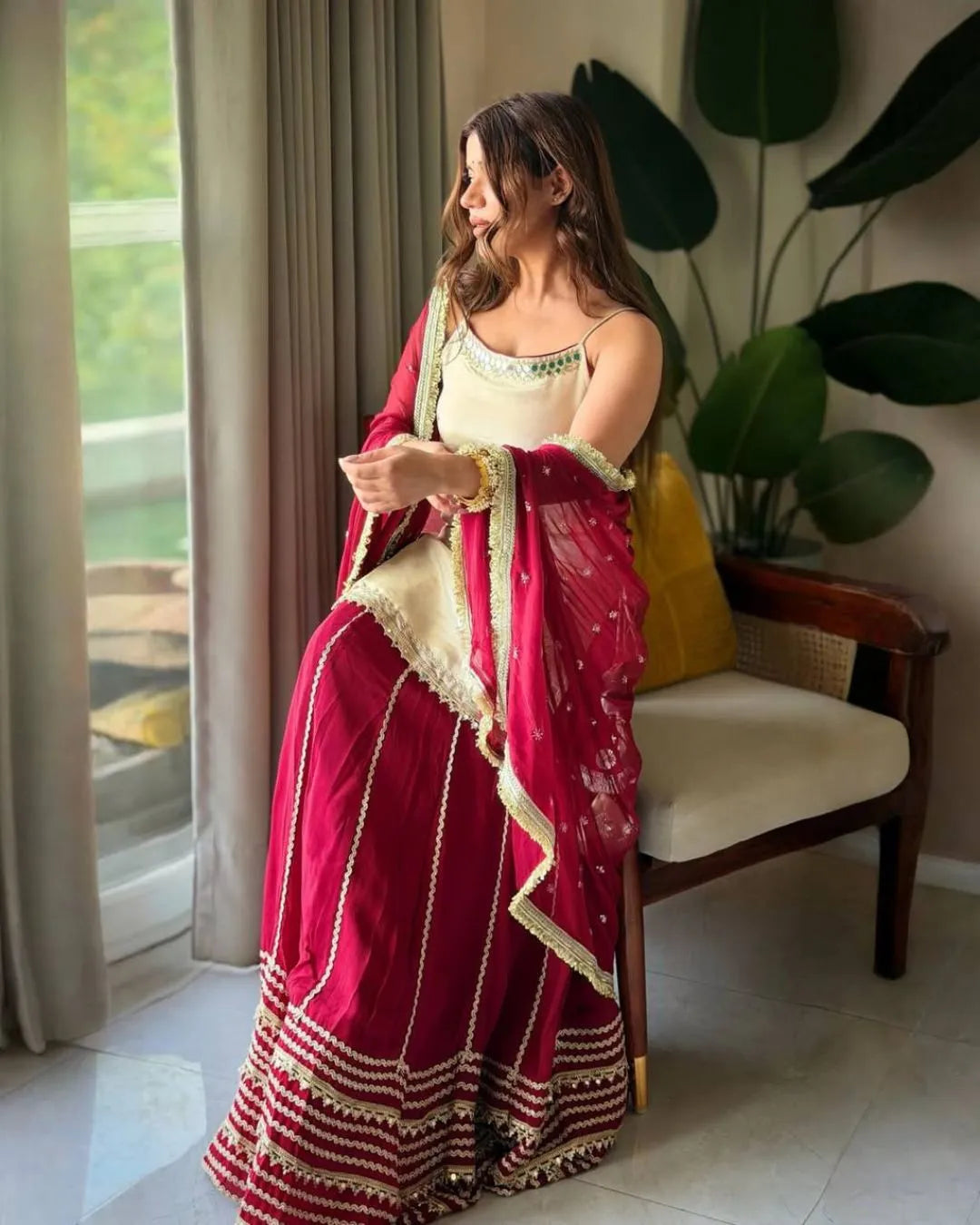 Off-White & Maroon Lehenga Suit Set