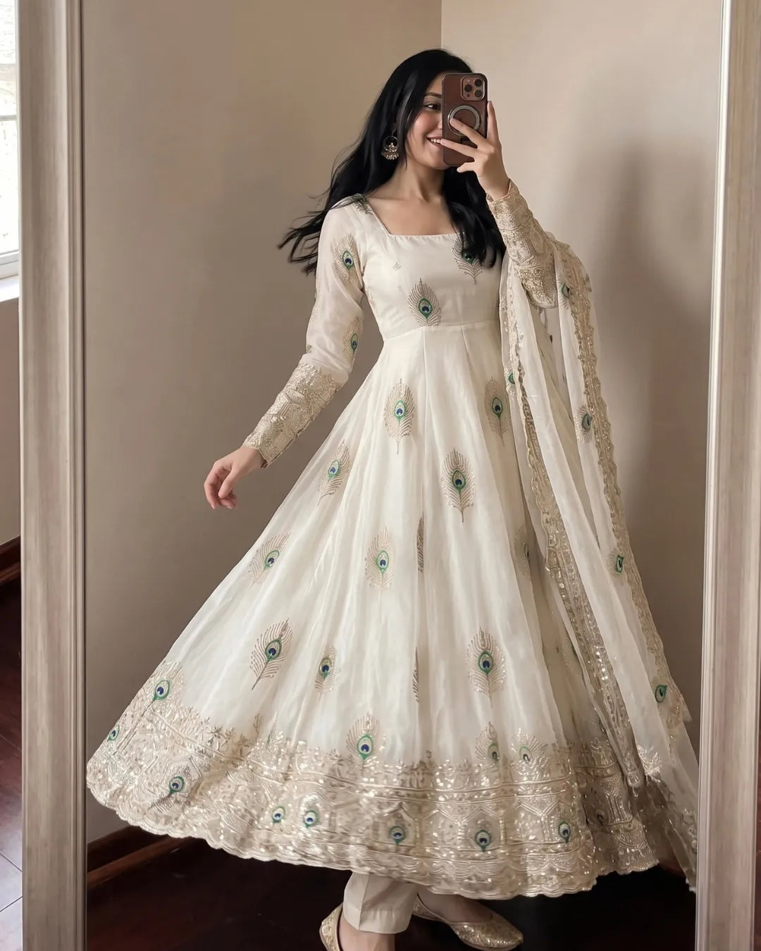 Off White Fandy Silk Peacock Embroidered Anarkali Gown Suit Set