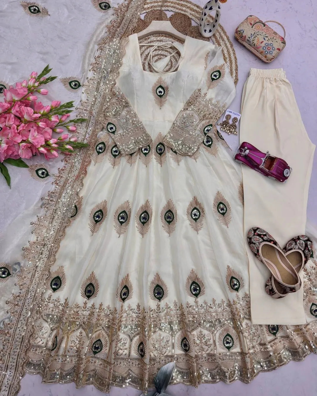 Off White Fandy Silk Peacock Embroidered Anarkali Gown Suit Set
