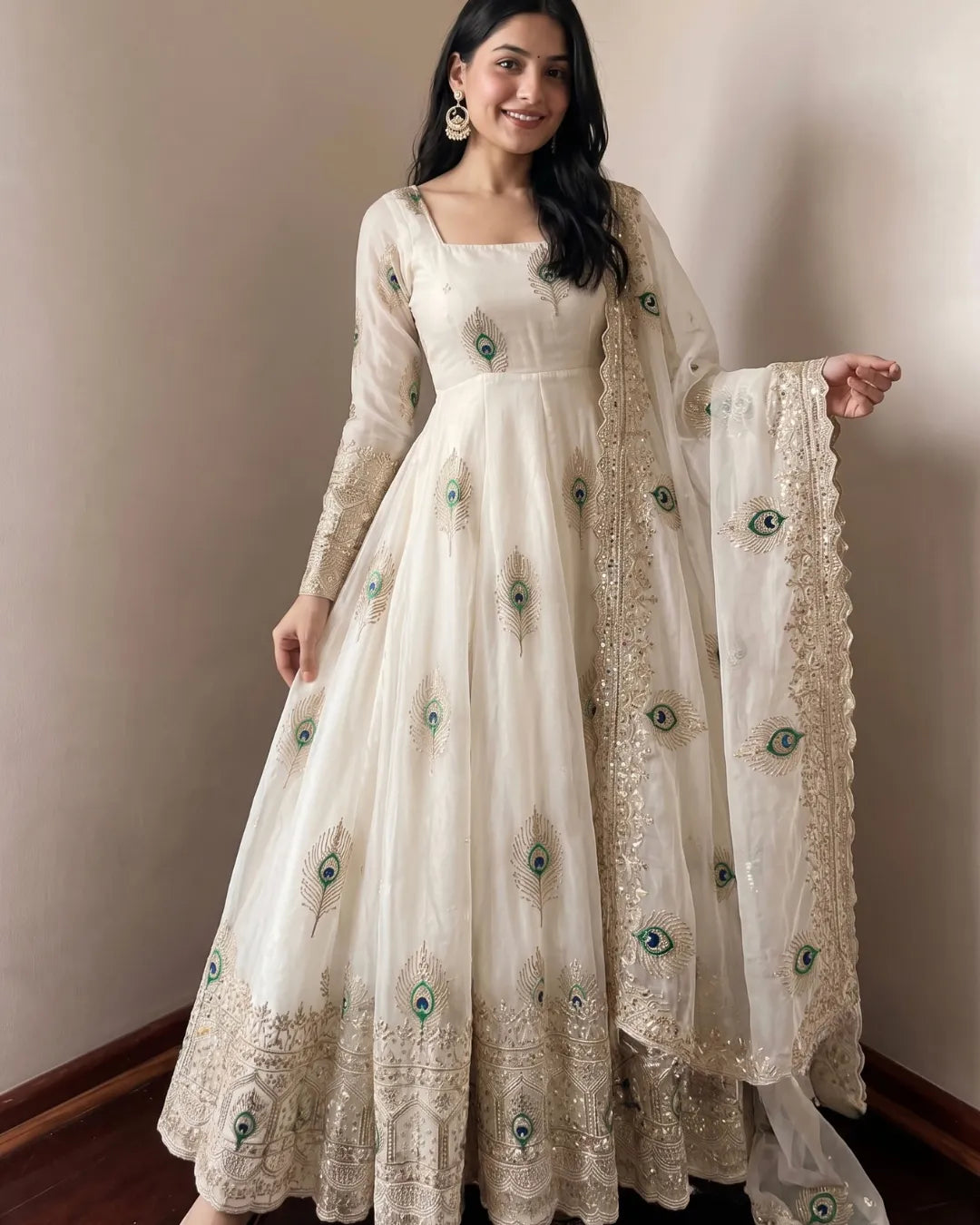 Off White Fandy Silk Peacock Embroidered Anarkali Gown Suit Set