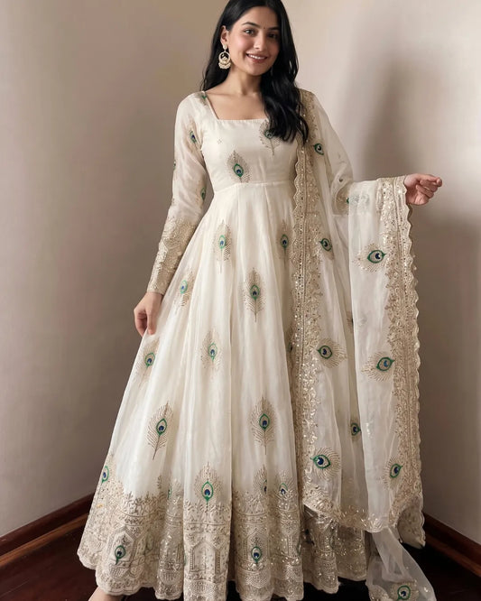 Off White Fandy Silk Peacock Embroidered Anarkali Gown Suit Set