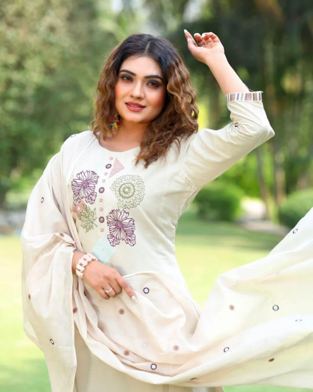 Off White Pure Cotton Hand Work Suit Set