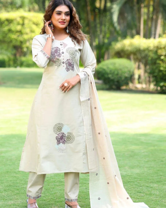 Off White Pure Cotton Hand Work Suit Set
