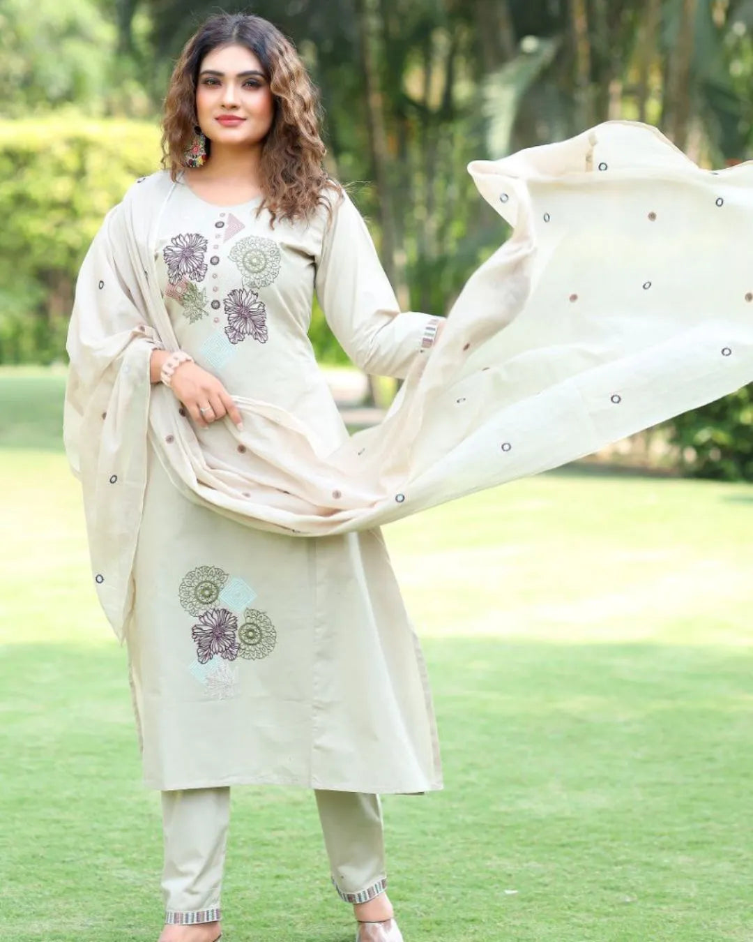 Off White Pure Cotton Hand Work Suit Set