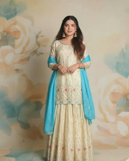 Off White Sharara Suit Set With Dupatta
