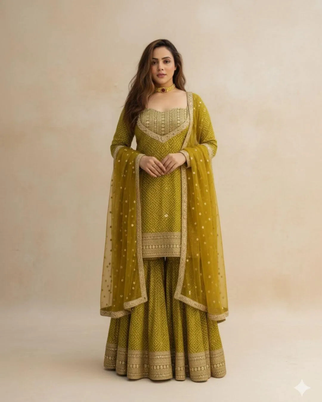 Olive Green Chinon Silk Sharara Suit Set