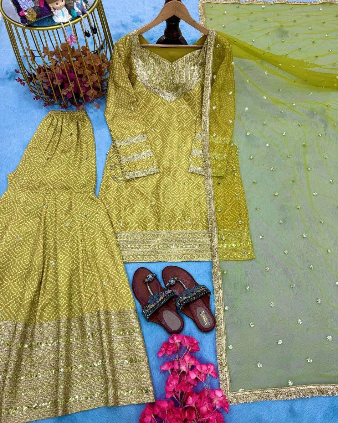 Olive Green Chinon Silk Sharara Suit Set