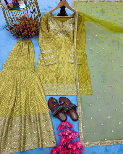 Olive Green Chinon Silk Sharara Suit Set