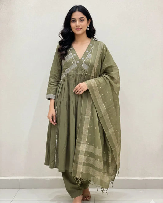 Olive Green Handwork Cotton Anarkali Suit