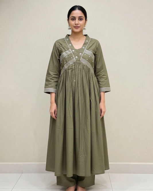 Olive Green Handwork Cotton Anarkali Suit